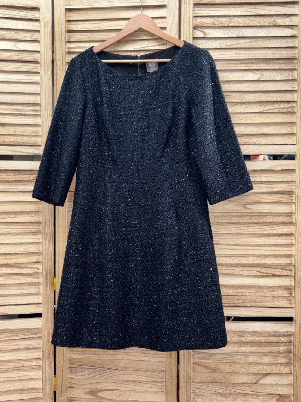 Vince Camuto Navy Black Tweed Fit Flare Dress 3/4 Sleeve Pockets 14